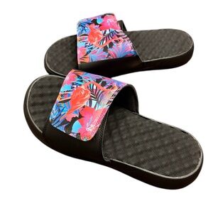 Women’s Black Slide Sandals with Pink Tropical Print Strap